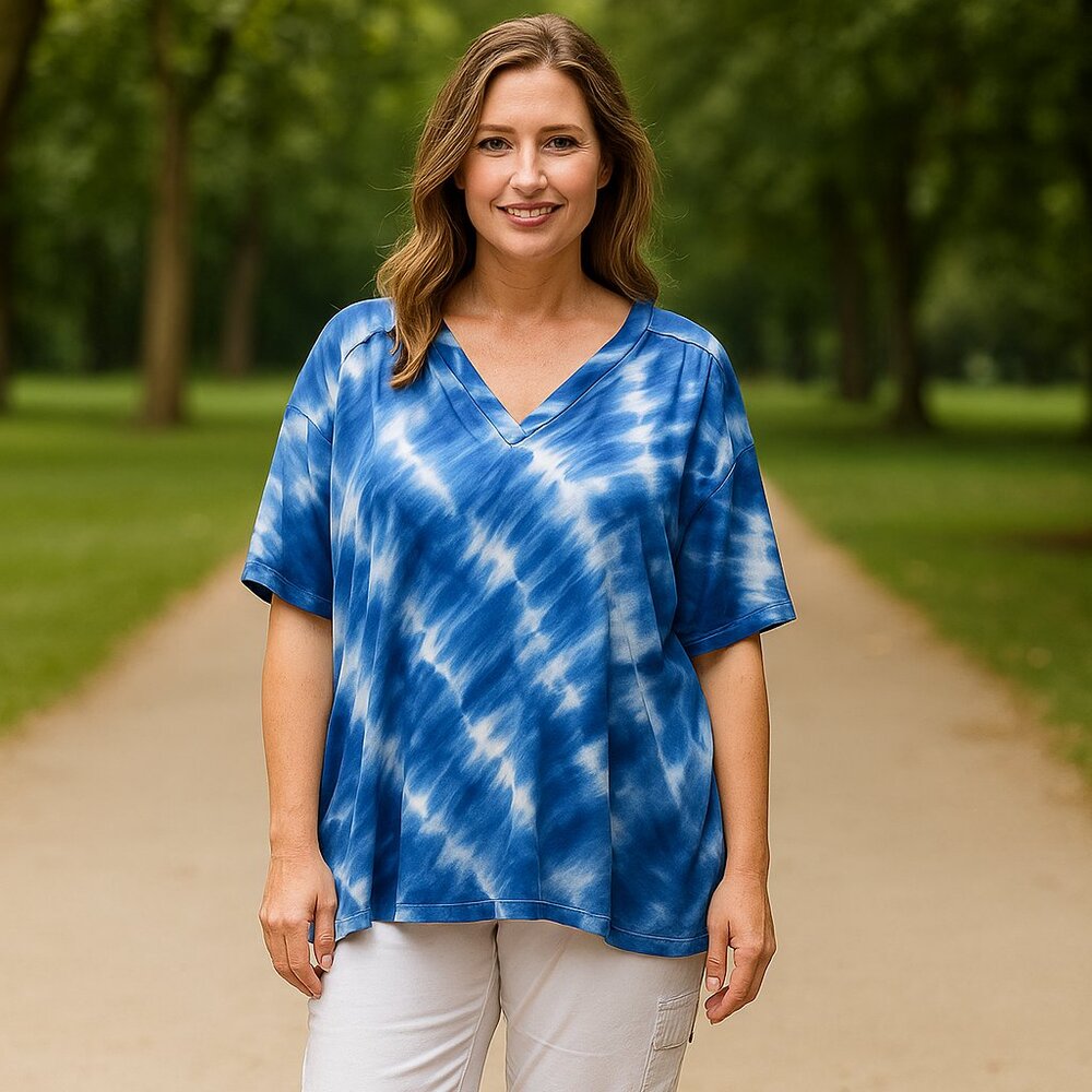 Sportelle Boxy Women 2X Cuff Sleeve Blue Tye Dye Short Sleeve‎ Coastal Nautical